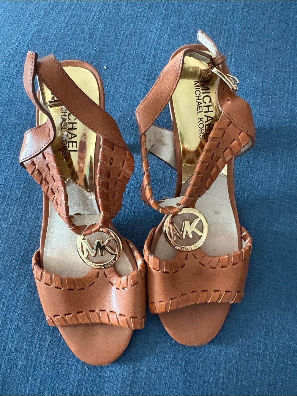 Michael Kors Brown Leather Wedge Sandals with Gold MK Medallions